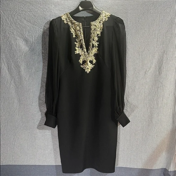 Tadashi Shoji | Dresses | Tadashi Shoji Black Dress With Sheer Sleeves Gold  Intricate Detailing | Poshmark
